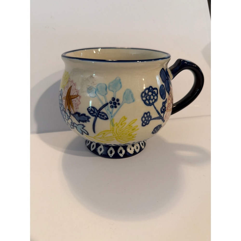 Hand Painted Floral Folk Art Stoneware Mug Blue Yellow Pedestal Base Round Cup